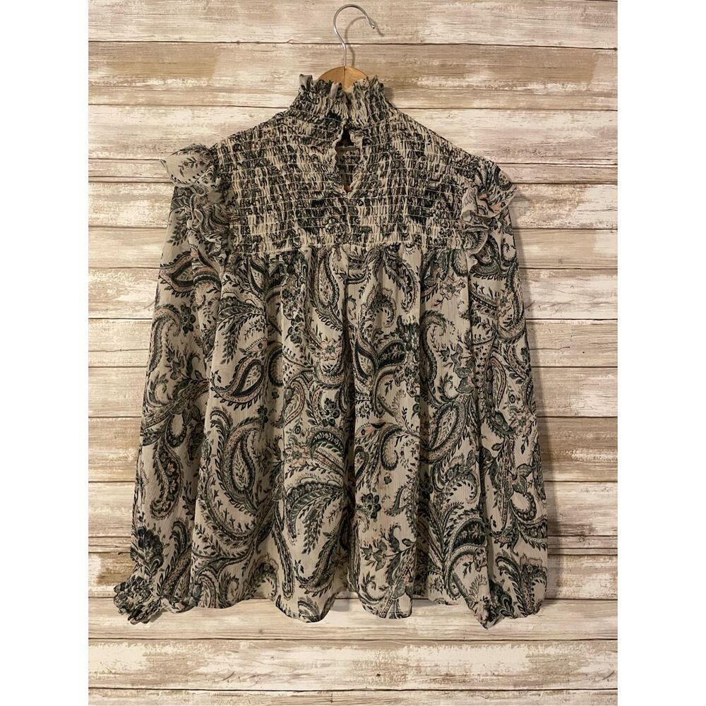 Ophelia Roe High Neck Sheer Long Sleeve Blouse Size Small Multi Colored Floral​